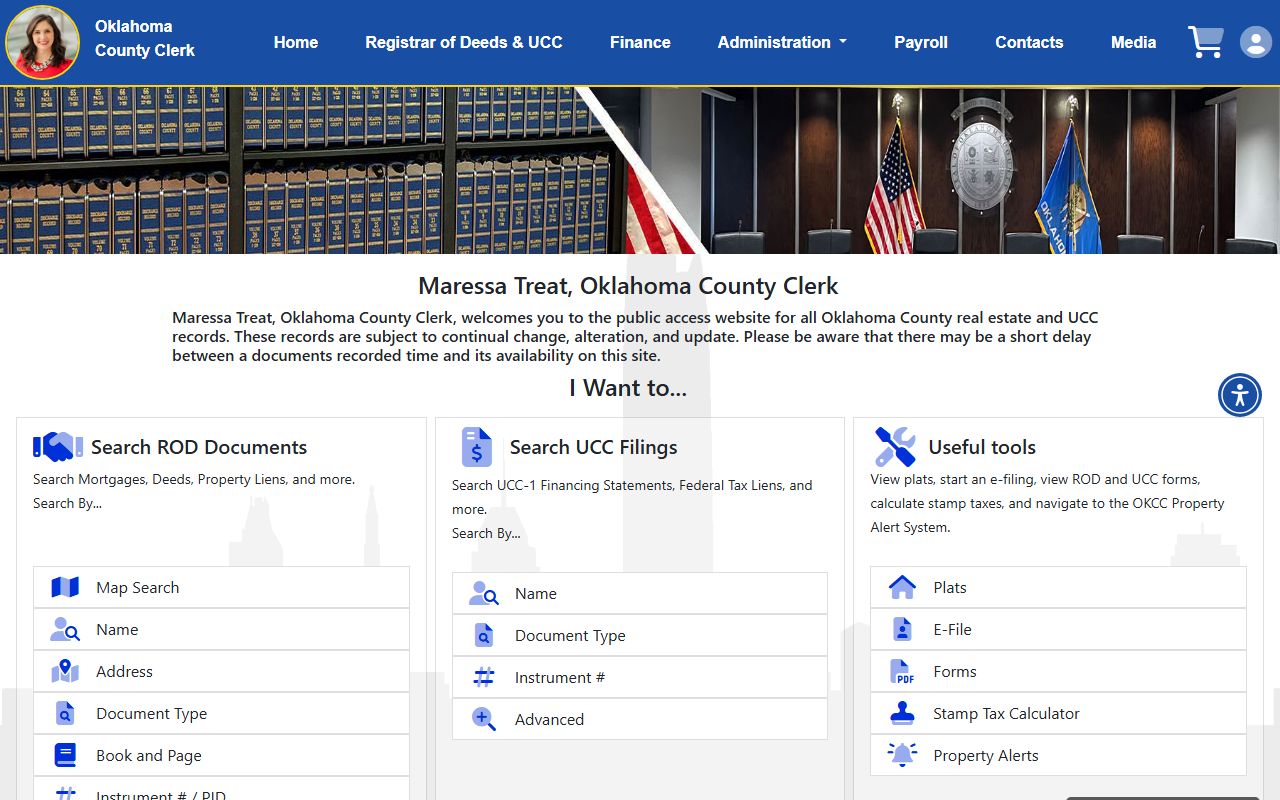 Oklahoma County land records portal OKCC showing property and Oklahoma County police records related filings
