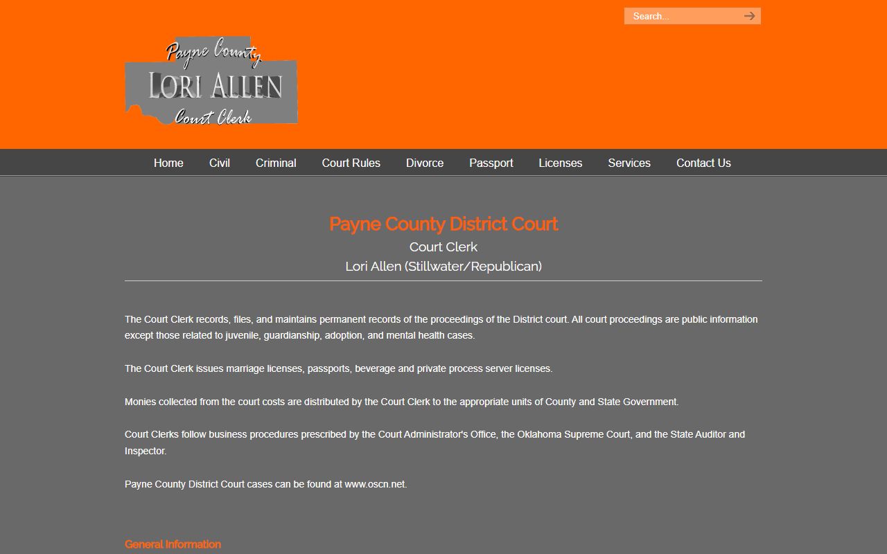 Payne County Court Clerk website - police and court records